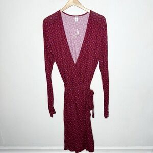 New Old Navy Long Sleeve Red Pink Diamond Print Wrap‎ Dress Women's XL Rayon